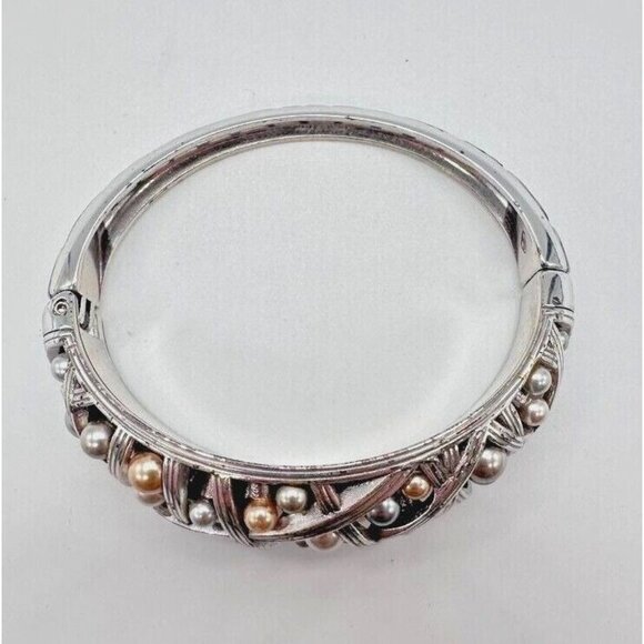 Brighton Bracelet Hinged Silver Tone Imitation Pearls Cuff Magnetic Closure - Picture 4 of 14